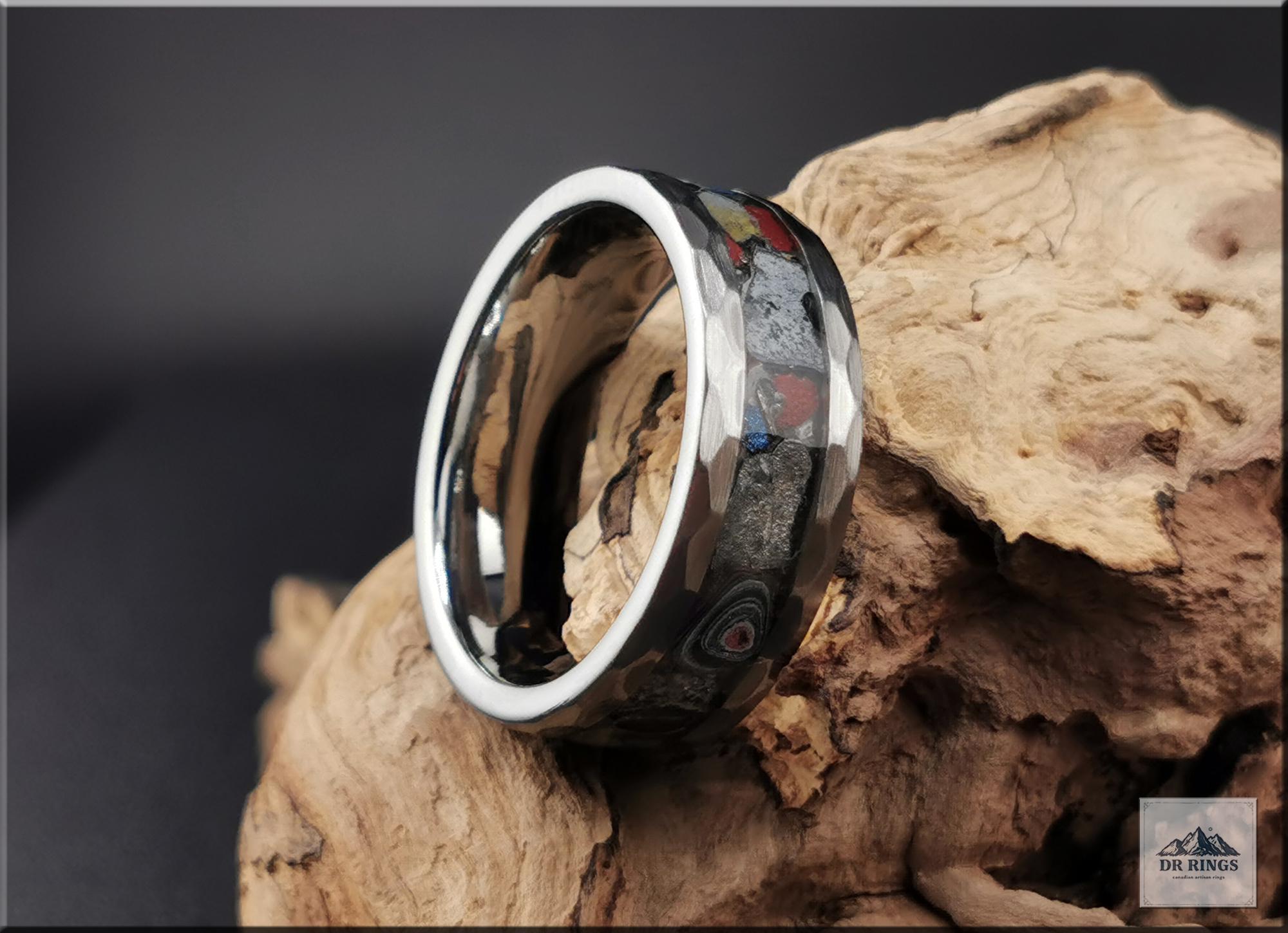 Hammered Tungsten Carbide Ring with Vintage Mustang Fordite inlay