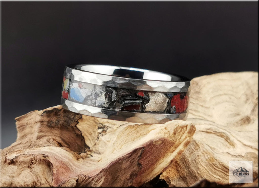Hammered Tungsten Carbide Ring with Vintage Mustang Fordite inlay