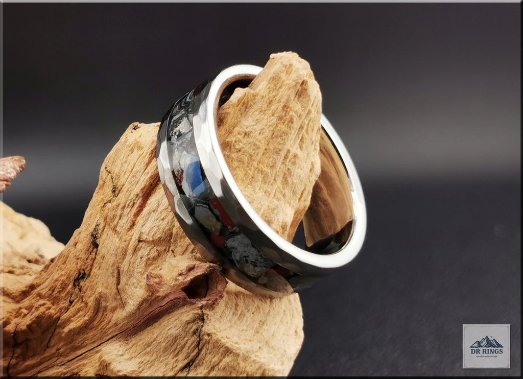 Hammered Tungsten Carbide Ring with Vintage Mustang Fordite inlay