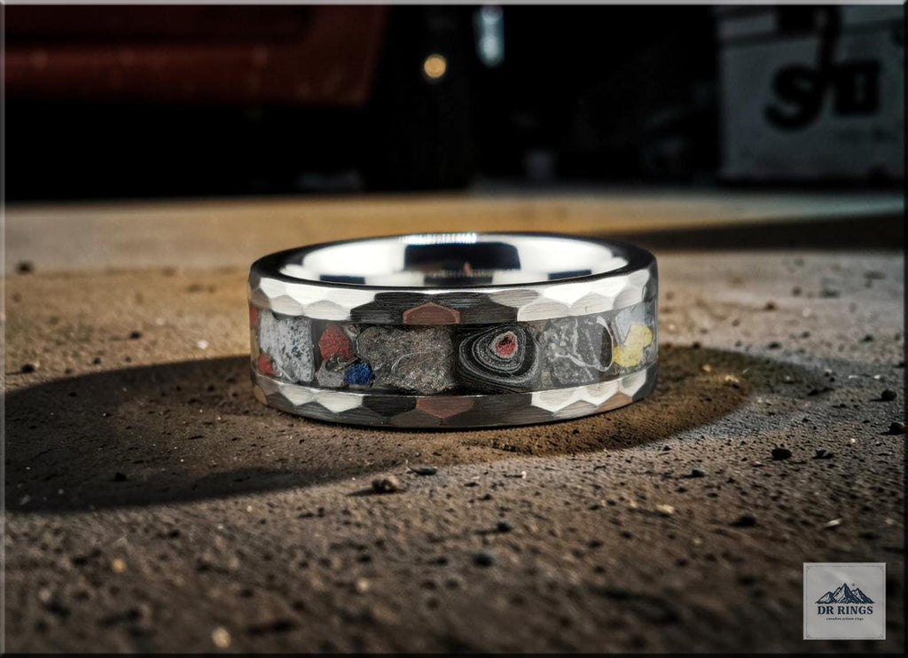Hammered Tungsten Carbide Ring with Vintage Mustang Fordite inlay