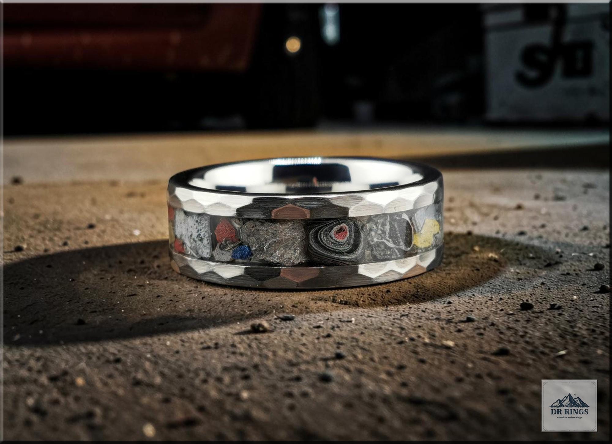 Hammered Tungsten Carbide Ring with Vintage Mustang Fordite inlay