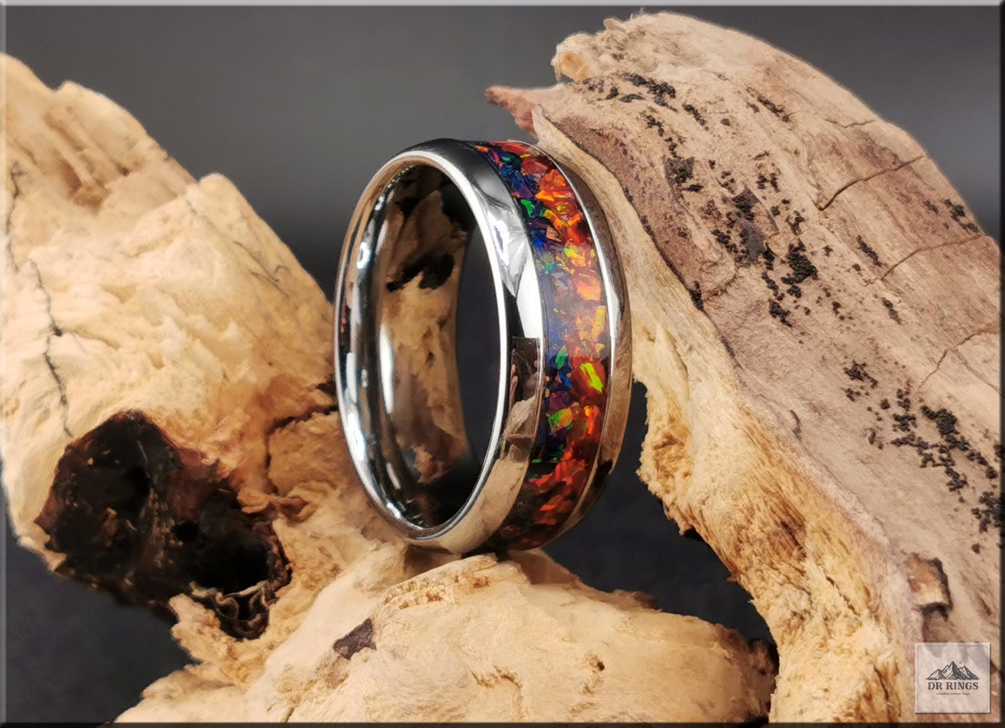 Tungsten Carbide Ring with blended Opal inlay, 'Lapis Sunset'