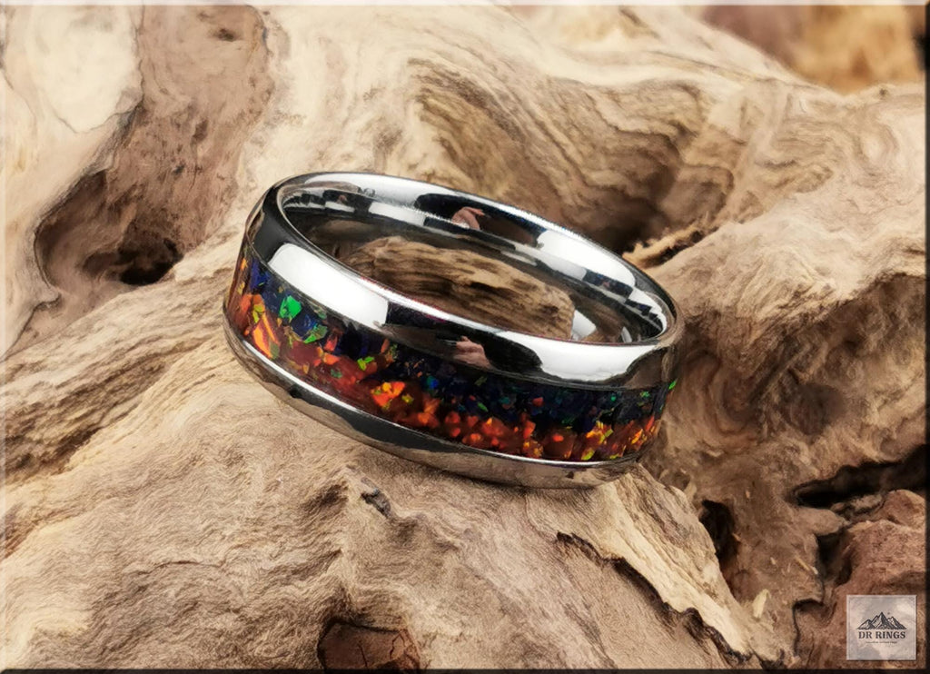 Tungsten Carbide Ring with blended Opal inlay, 'Lapis Sunset'