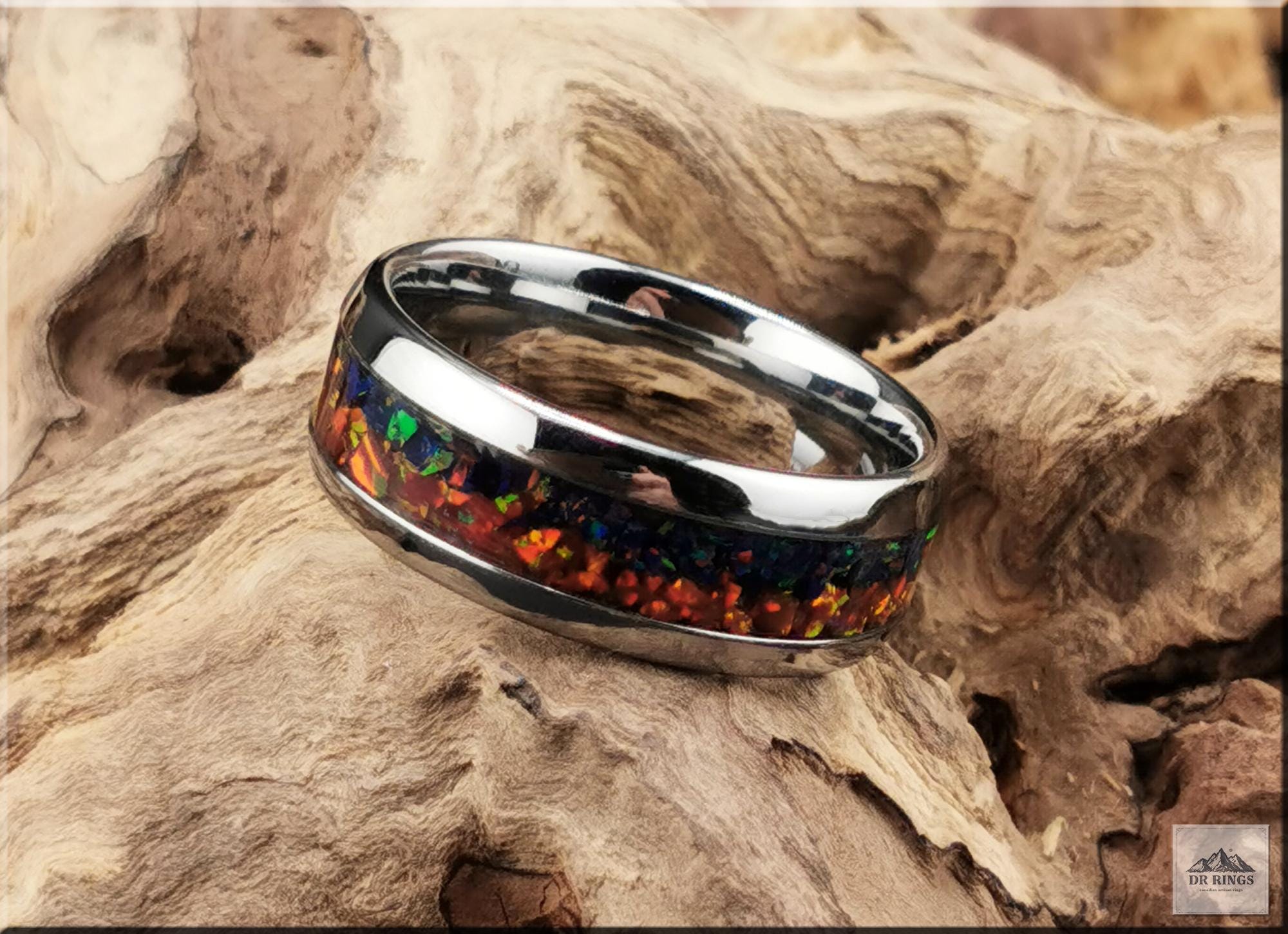 Tungsten Carbide Ring with blended Opal inlay, 'Lapis Sunset'