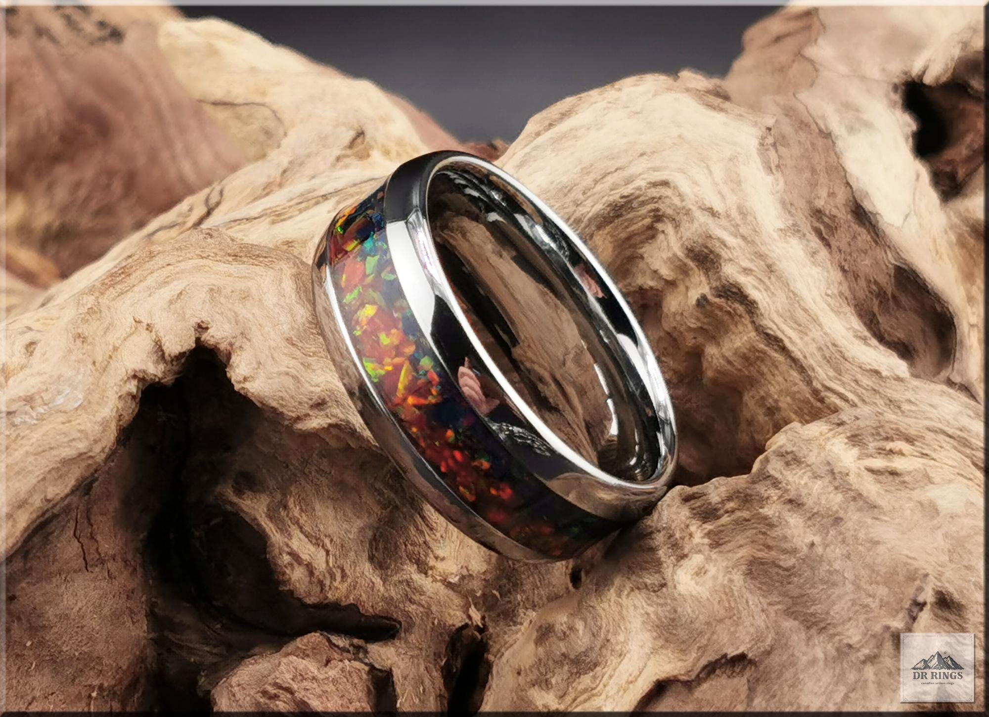 Tungsten Carbide Ring with blended Opal inlay, 'Lapis Sunset'