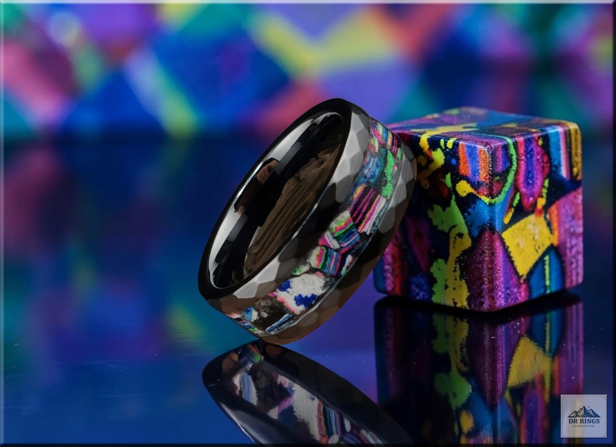 Hammered Black Ceramic Ring with Vintage 'Funkite' Inlay