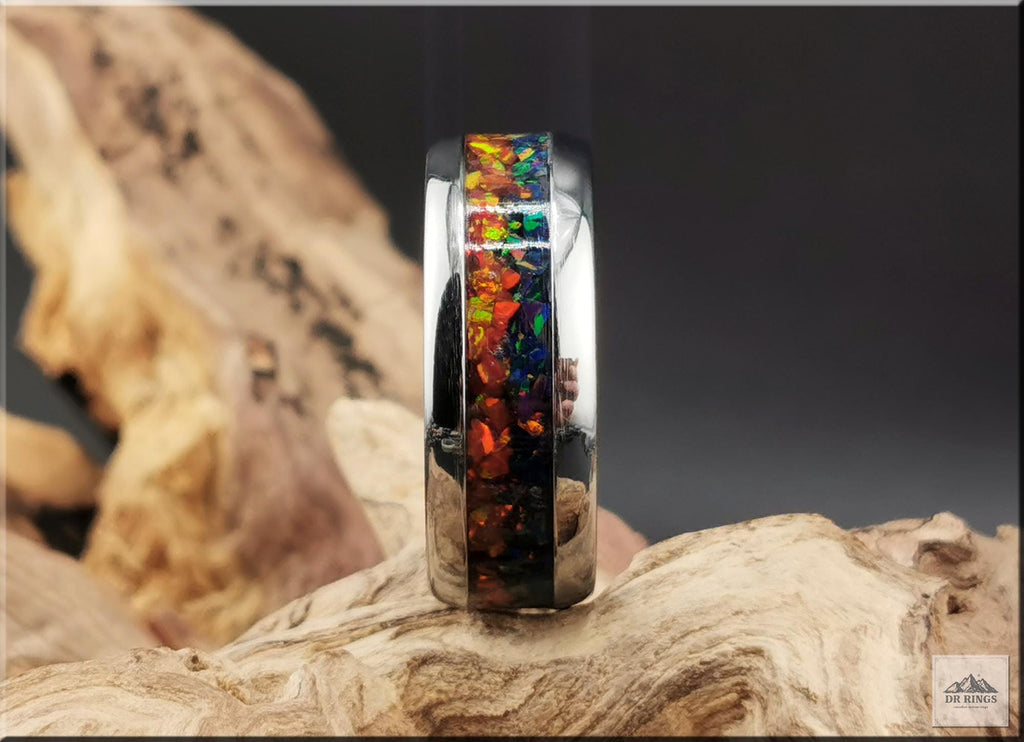 Tungsten Carbide Ring with blended Opal inlay, 'Lapis Sunset'