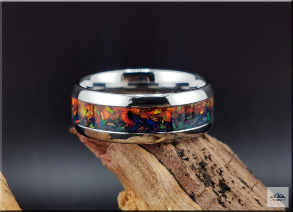 Tungsten Carbide Ring with blended Opal inlay, 'Lapis Sunset'