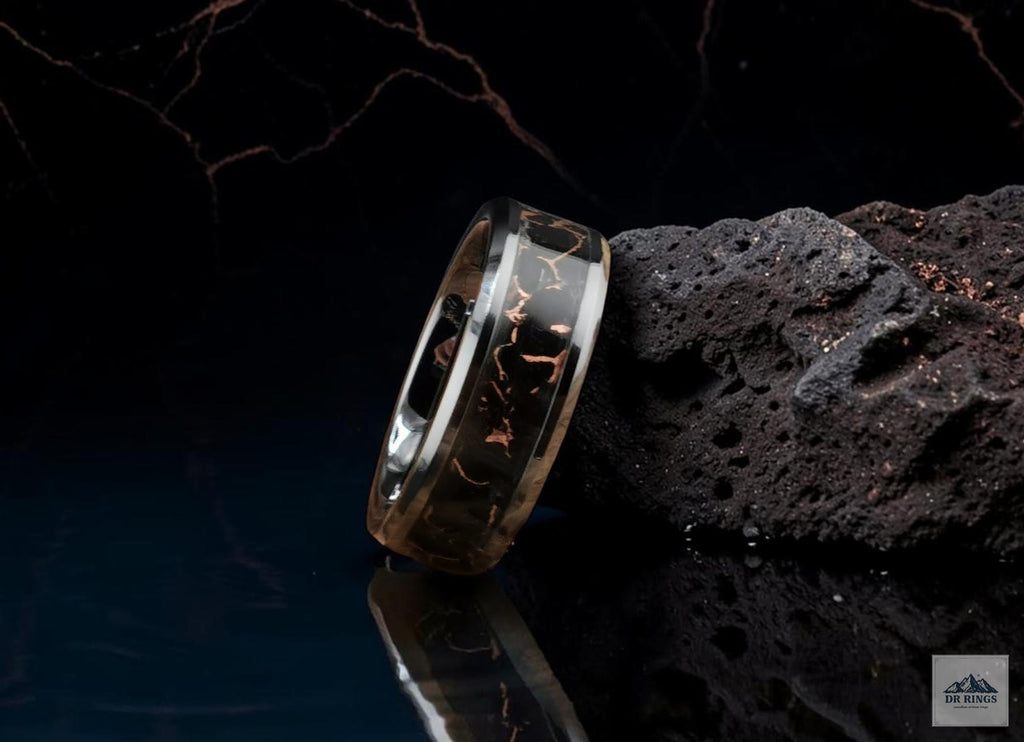 Black Ceramic Ring with Black Copper Web Trustone inlay