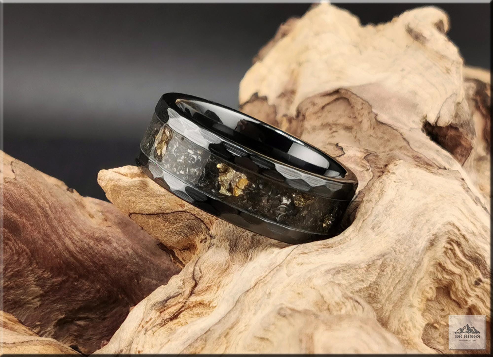 Hammered Black Ceramic Ring with Labradorite and Black Australian Opal inlay
