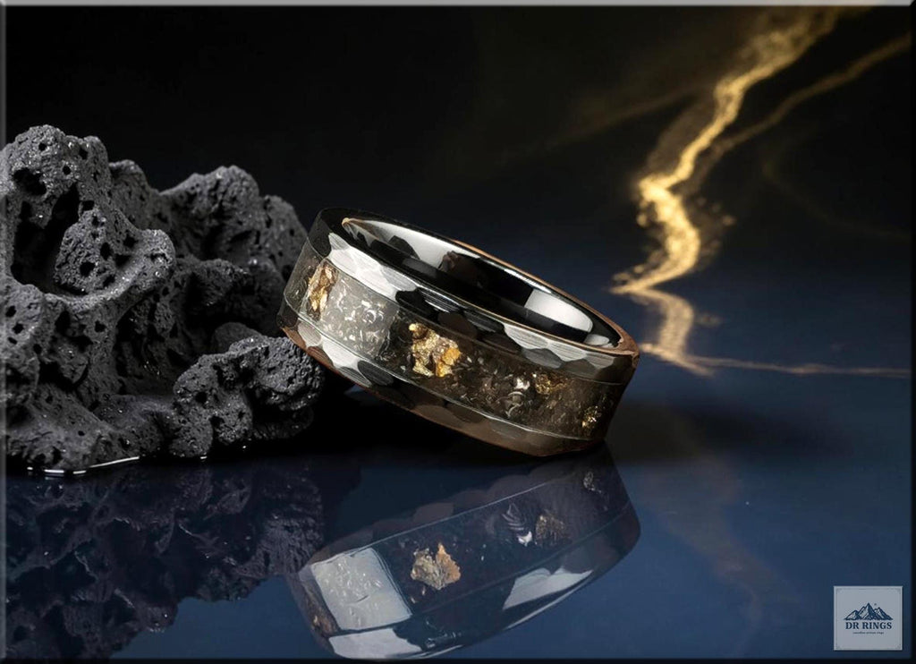 Hammered Black Ceramic Ring with Labradorite and Black Australian Opal inlay