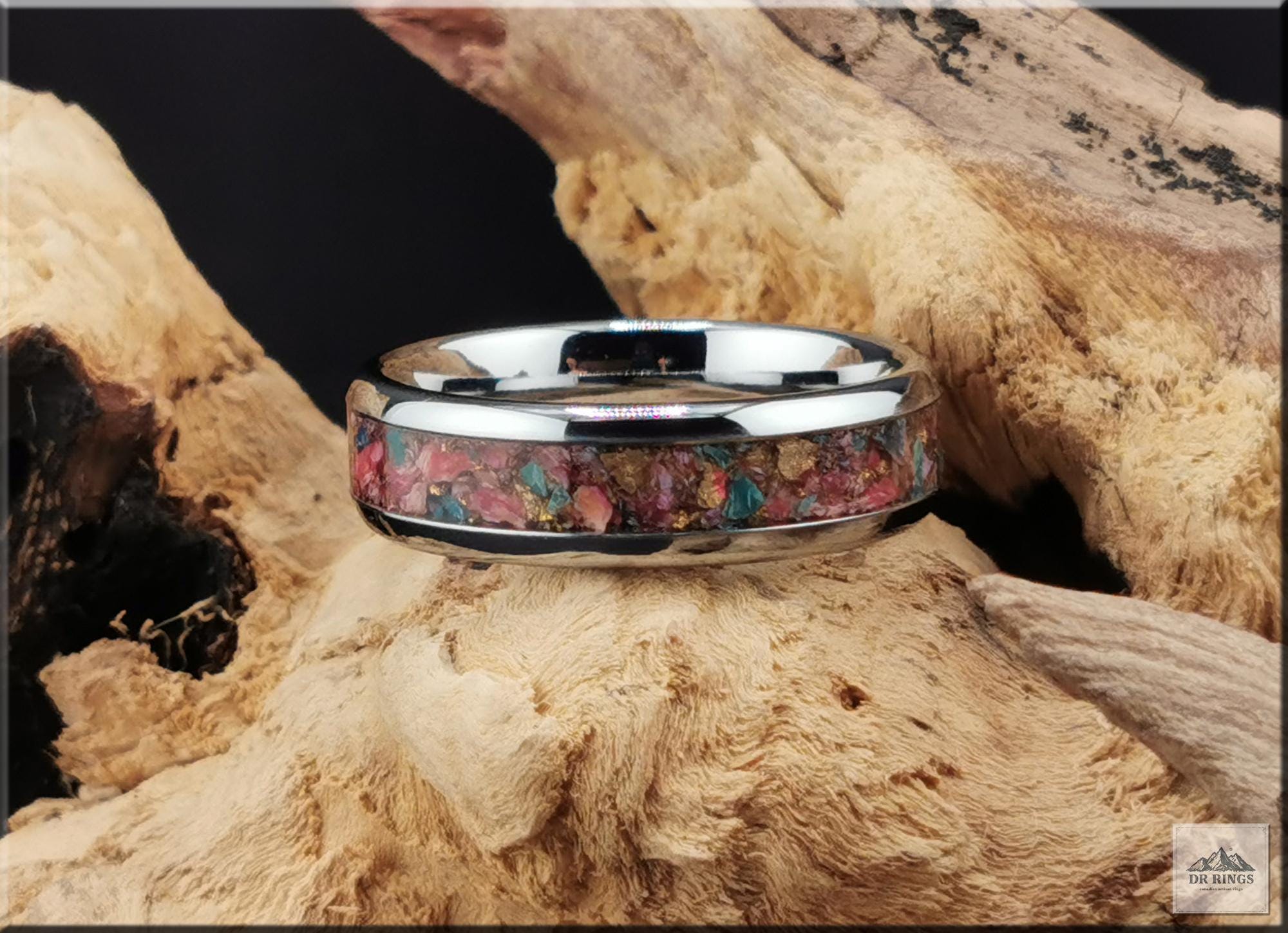 Tungsten Carbide Ring with Orange Dahlia Turquoise inlay, domed edge