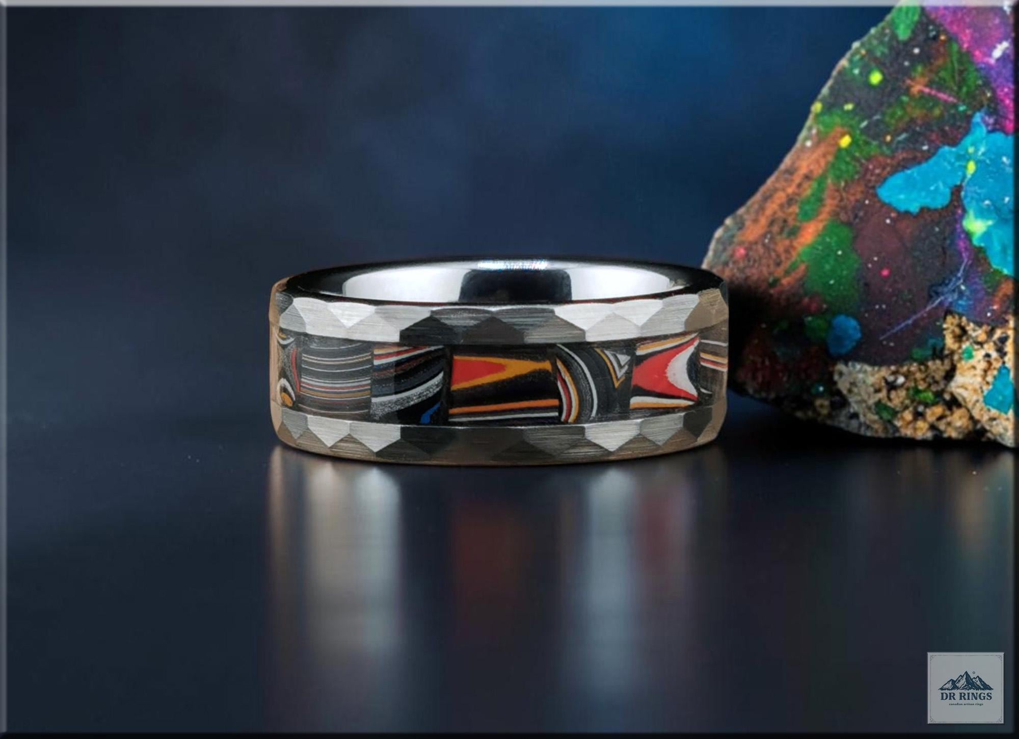 Hammered Tungsten Carbide Ring with Handset Contemporary Mustang Fordite inlay