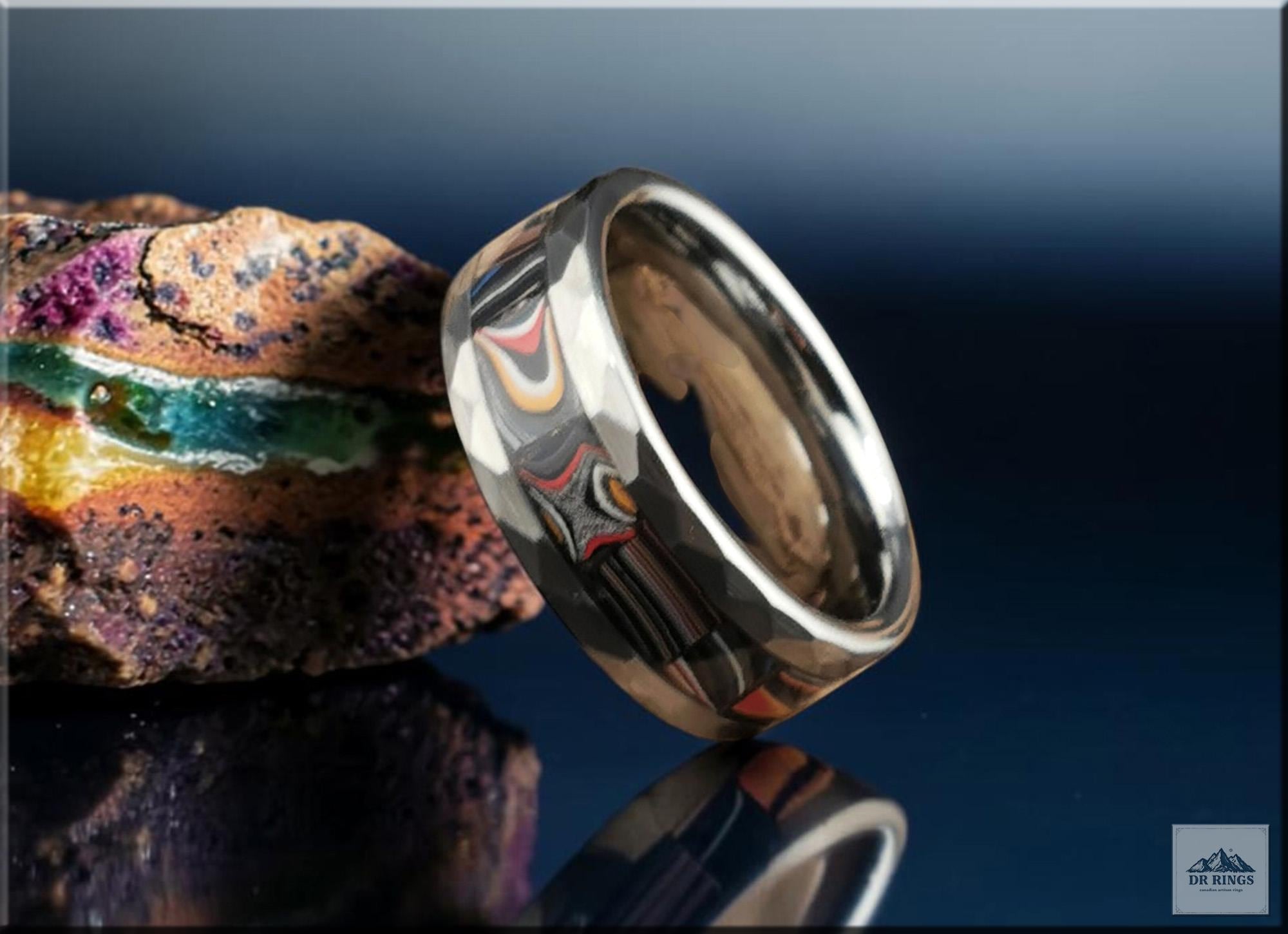 Hammered Tungsten Carbide Ring with Handset Contemporary Mustang Fordite inlay