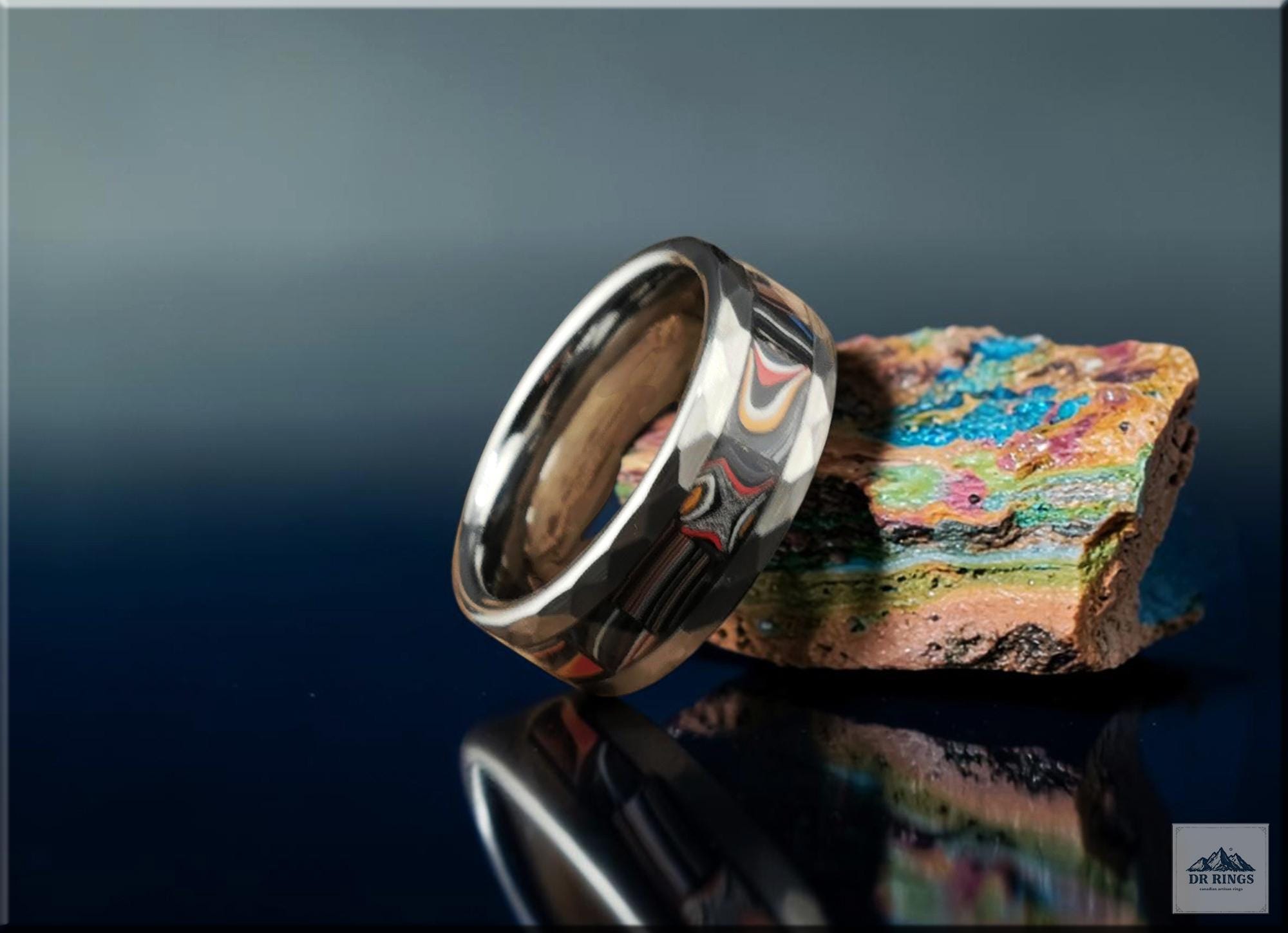 Hammered Tungsten Carbide Ring with Handset Contemporary Mustang Fordite inlay
