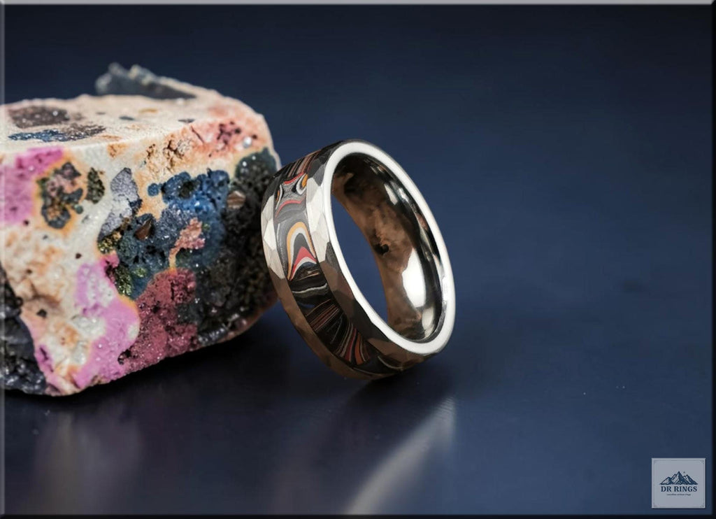 Hammered Tungsten Carbide Ring with Handset Contemporary Mustang Fordite inlay
