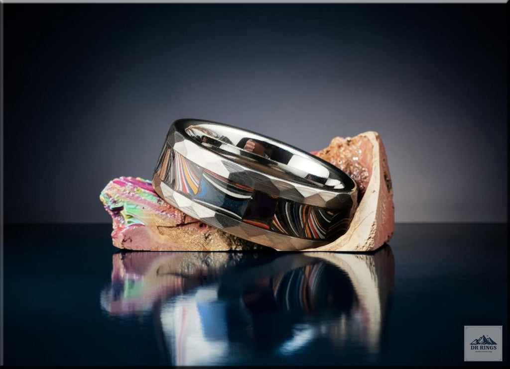 Hammered Tungsten Carbide Ring with Handset Contemporary Mustang Fordite inlay