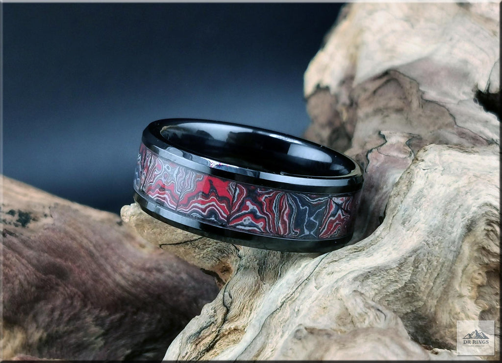 Black Ceramic Ring with Handset C8 Corvette Fordite inlay