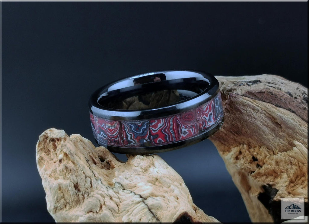 Black Ceramic Ring with Handset C8 Corvette Fordite inlay
