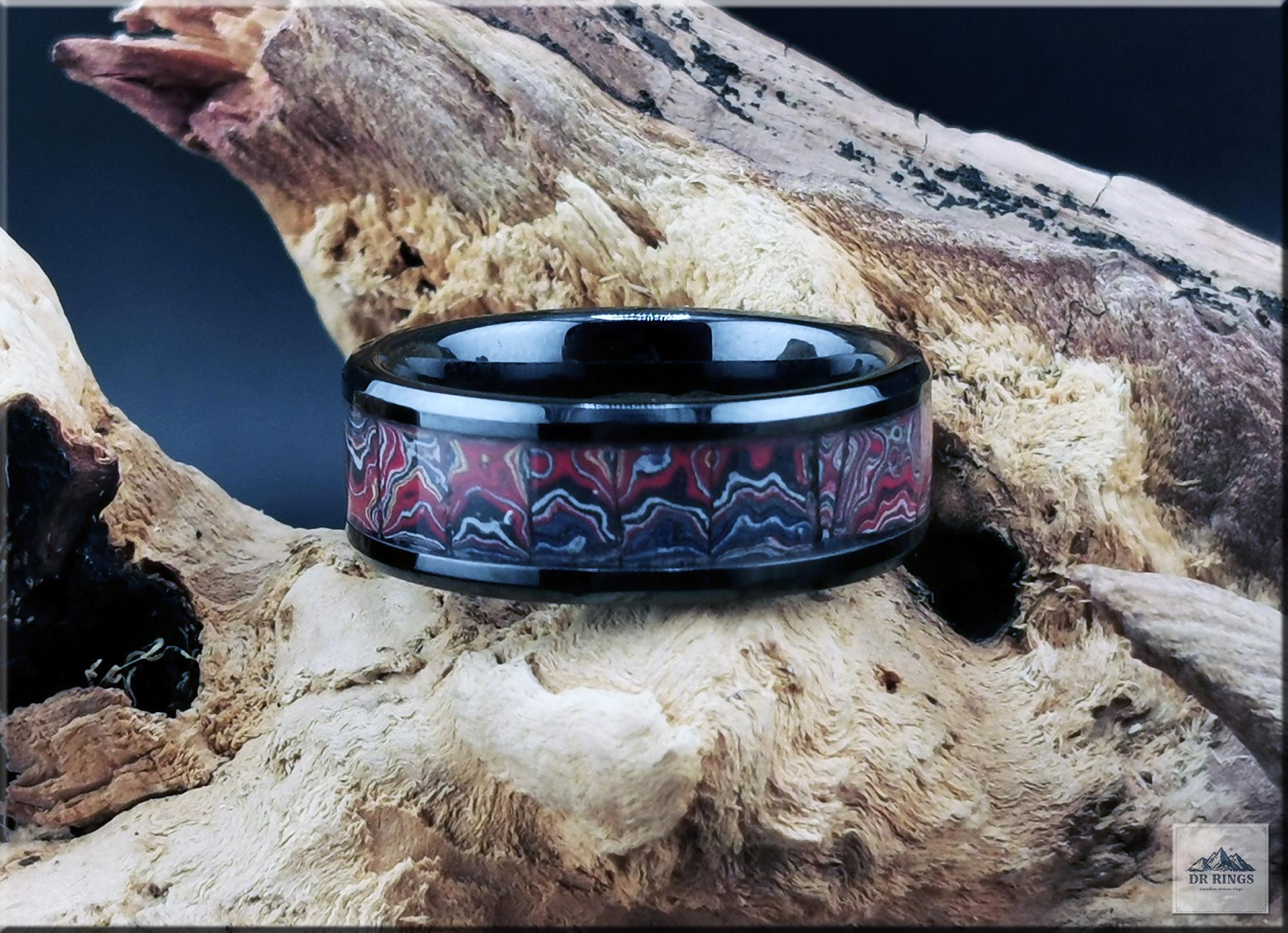 Black Ceramic Ring with Handset C8 Corvette Fordite inlay
