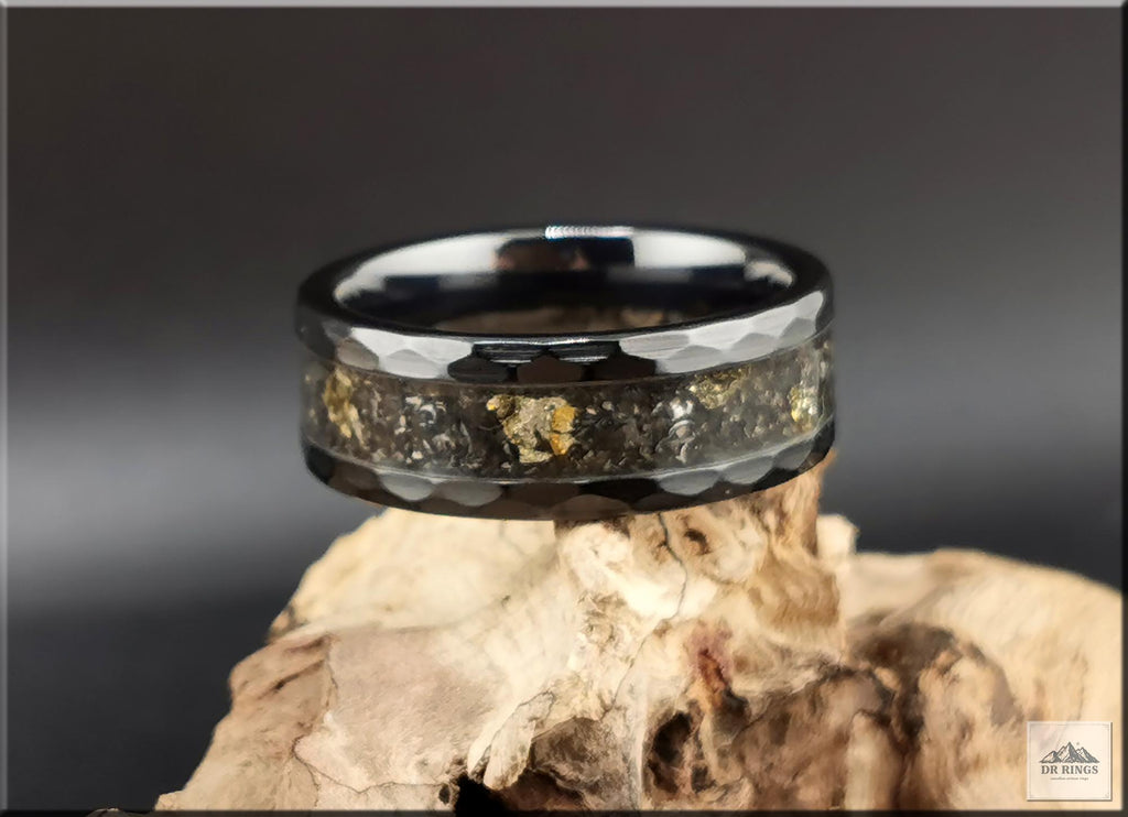 Hammered Black Ceramic Ring with Labradorite and Black Australian Opal inlay