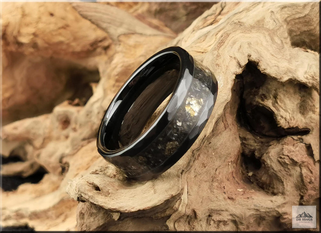 Hammered Black Ceramic Ring with Labradorite and Black Australian Opal inlay