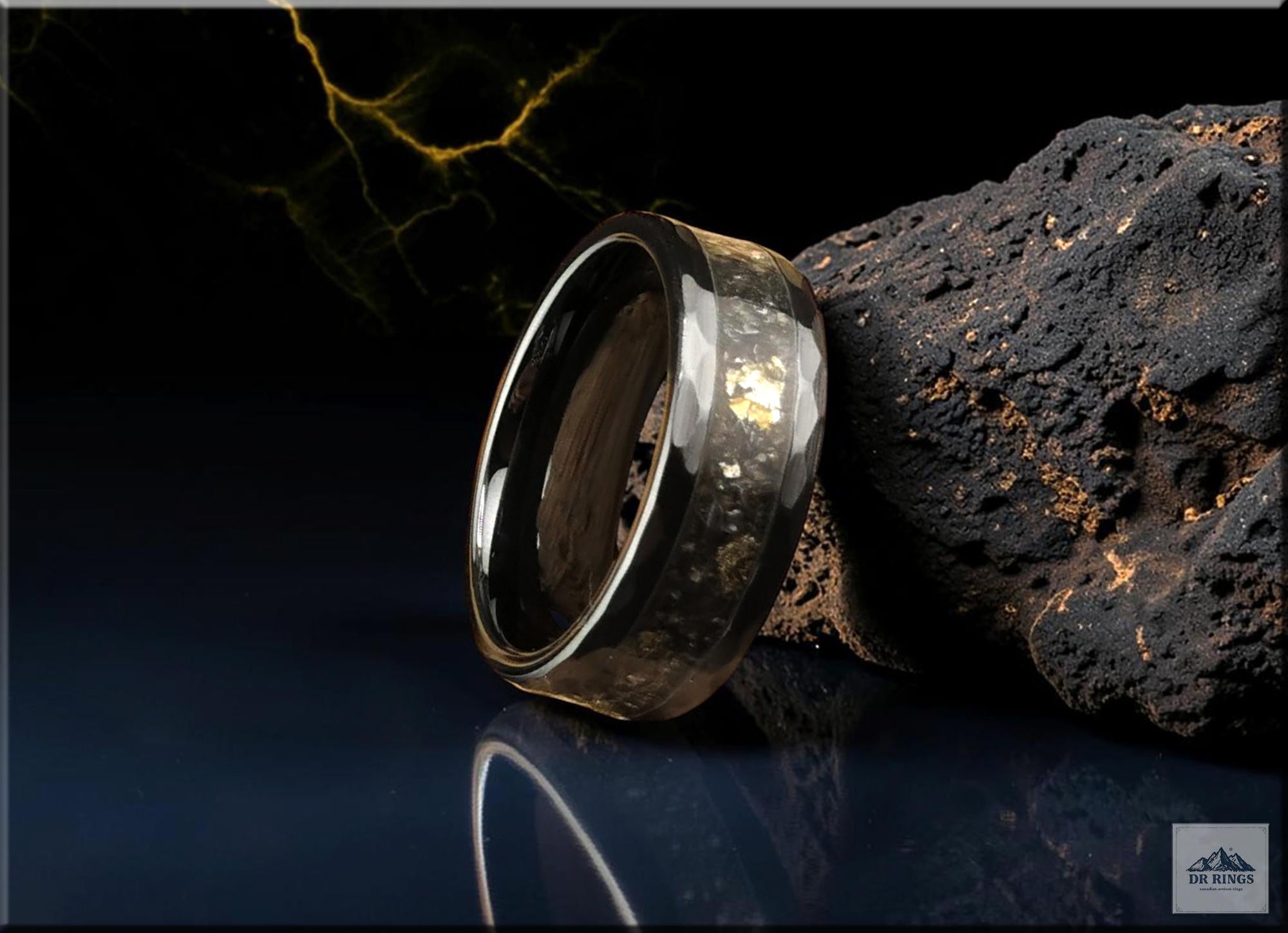 Hammered Black Ceramic Ring with Labradorite and Black Australian Opal inlay