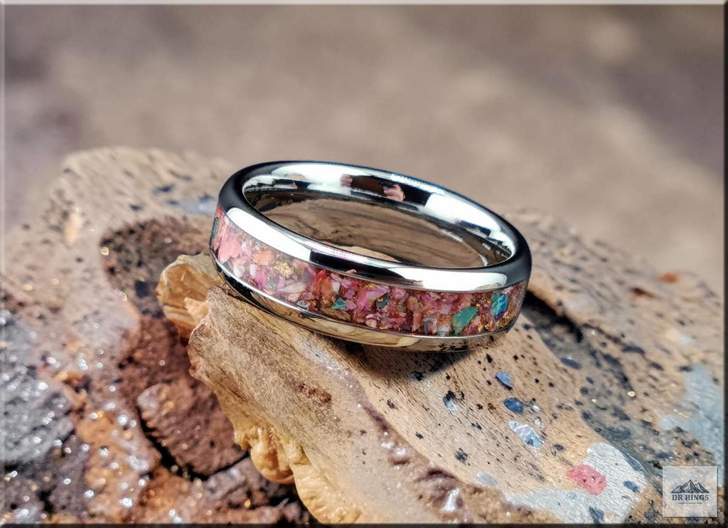 Tungsten Carbide Ring with Orange Dahlia Turquoise inlay, domed edge