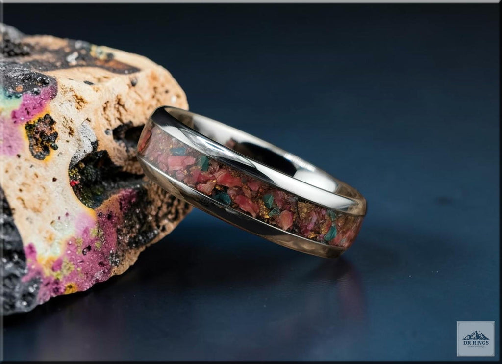 Tungsten Carbide Ring with Orange Dahlia Turquoise inlay, domed edge