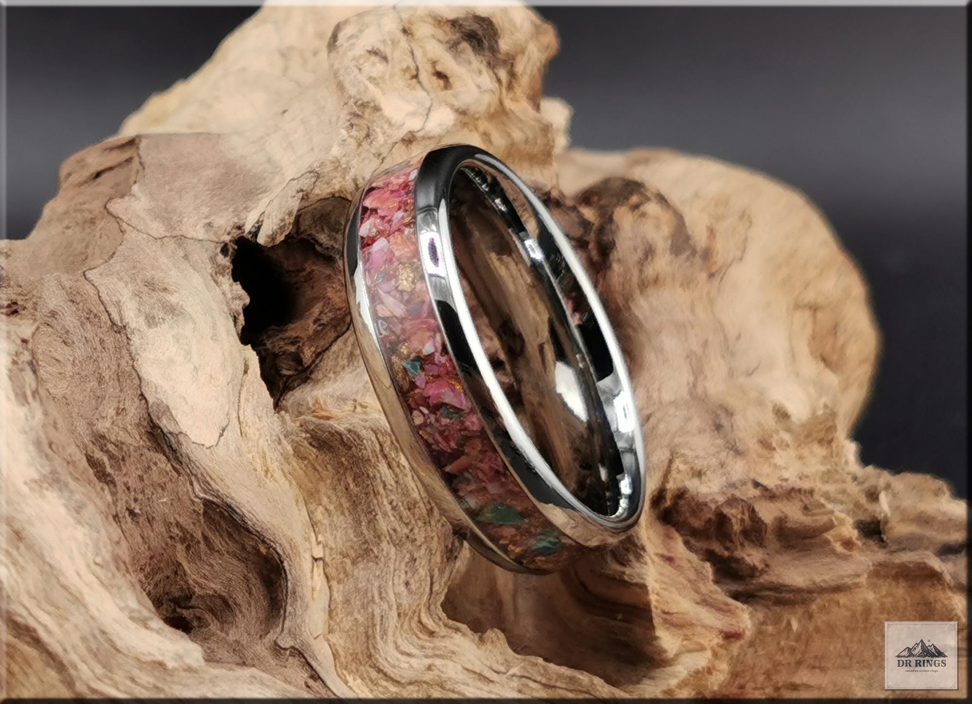 Tungsten Carbide Ring with Orange Dahlia Turquoise inlay, domed edge