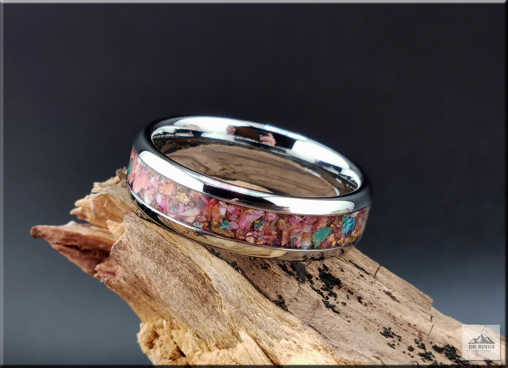 Tungsten Carbide Ring with Orange Dahlia Turquoise inlay, domed edge
