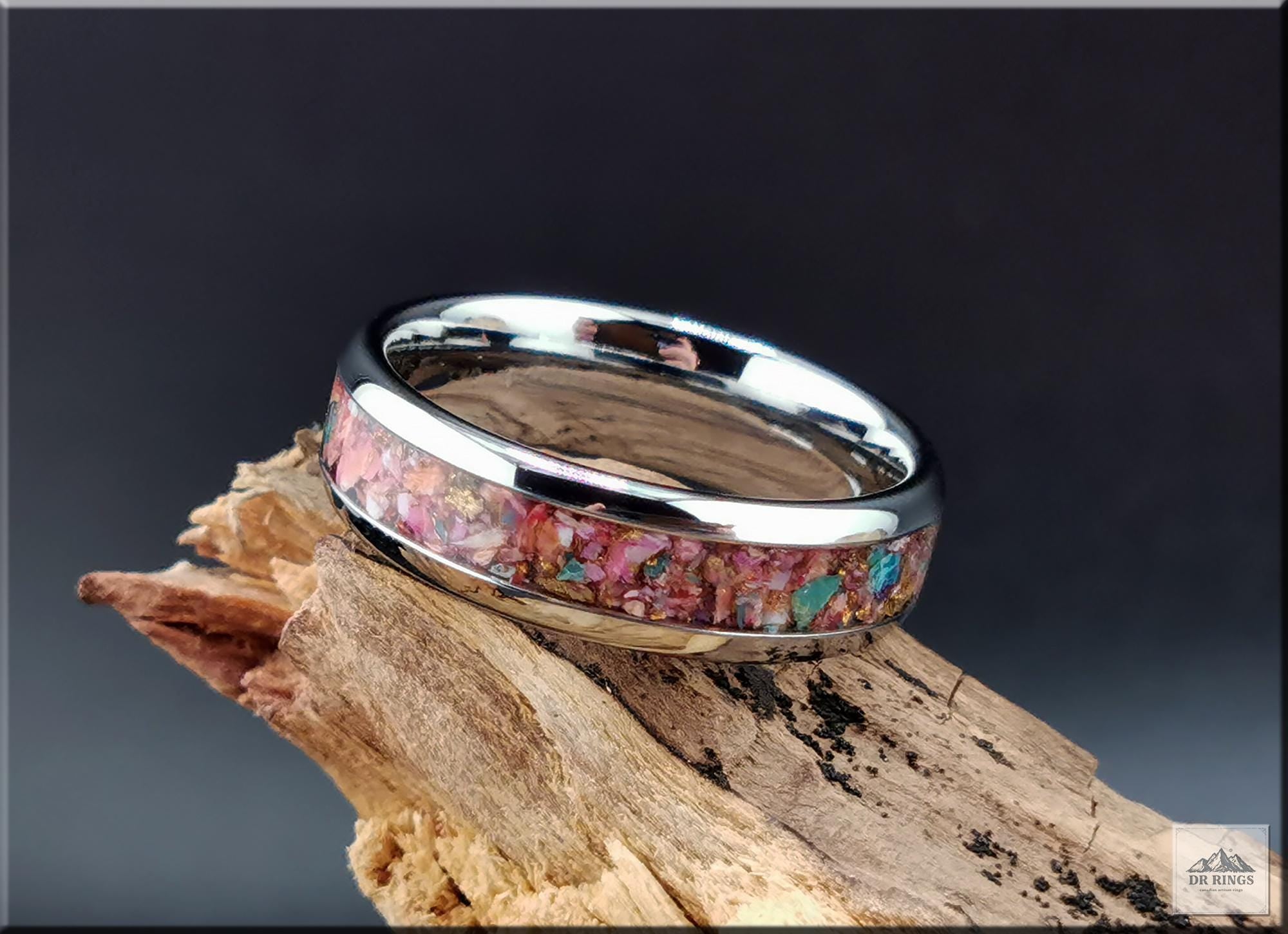 Tungsten Carbide Ring with Orange Dahlia Turquoise inlay, domed edge