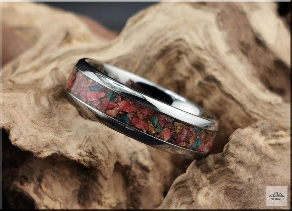 Tungsten Carbide Ring with Orange Dahlia Turquoise inlay, domed edge