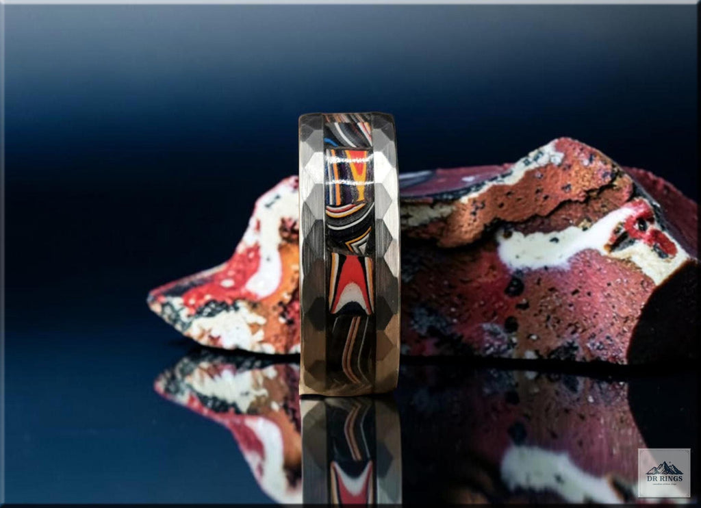 Hammered Tungsten Carbide Ring with Handset Contemporary Mustang Fordite inlay