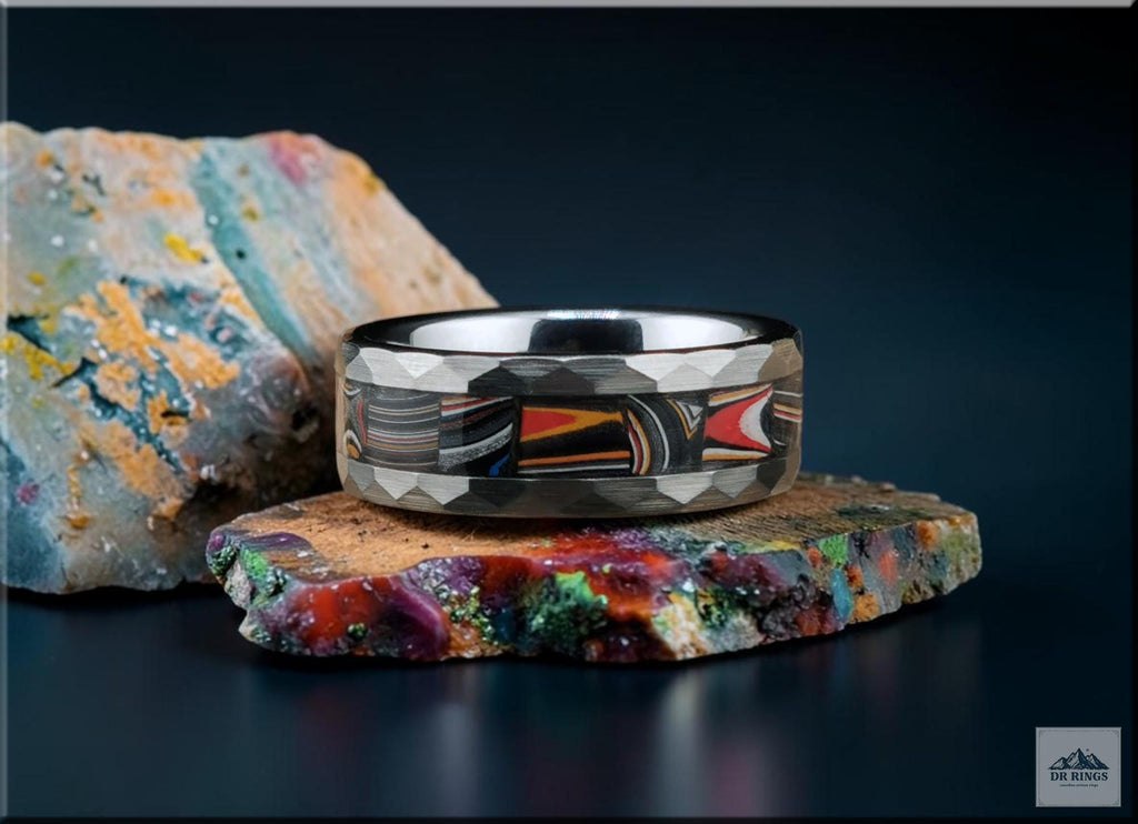 Hammered Tungsten Carbide Ring with Handset Contemporary Mustang Fordite inlay