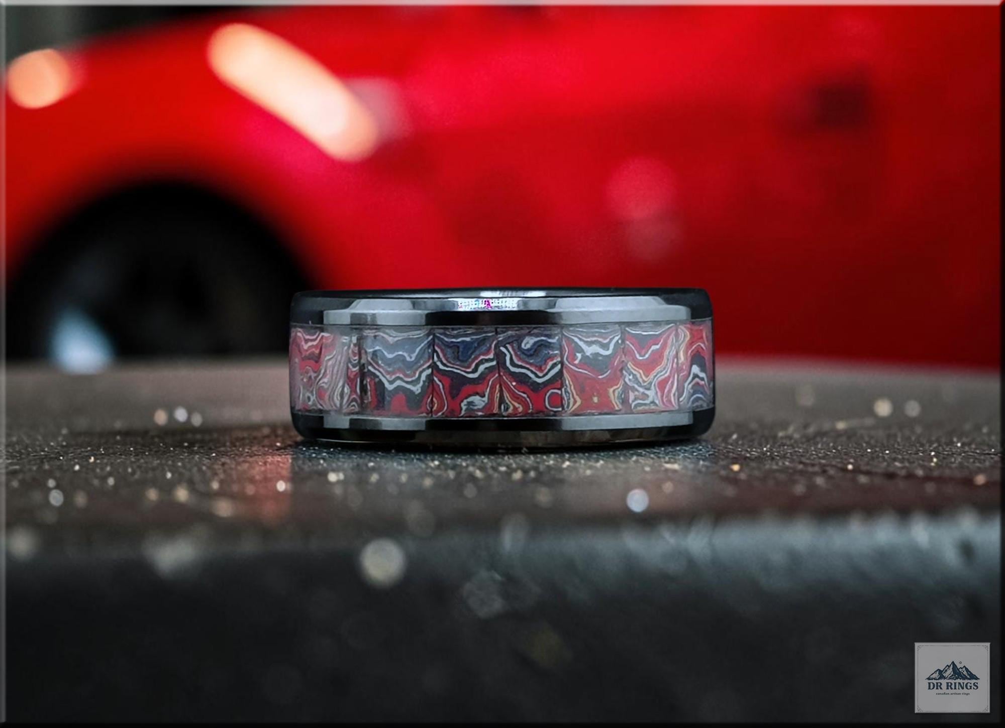 Black Ceramic Ring with Handset C8 Corvette Fordite inlay