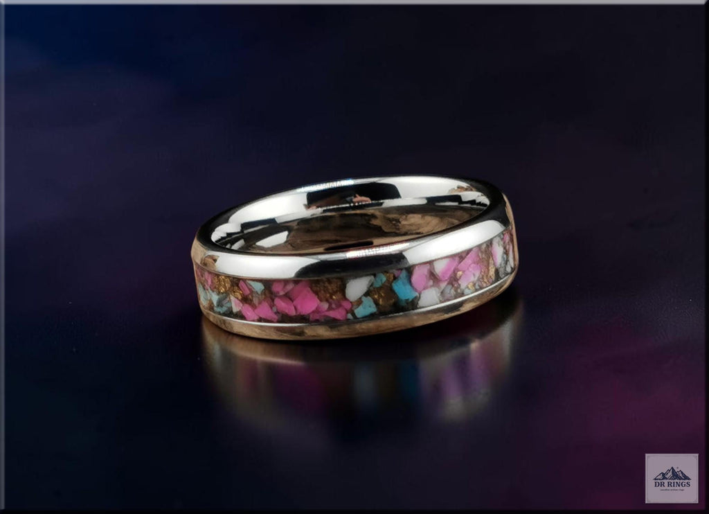Tungsten Carbide Ring with Kingman Cotton Candy Dahlia Turquoise inlay