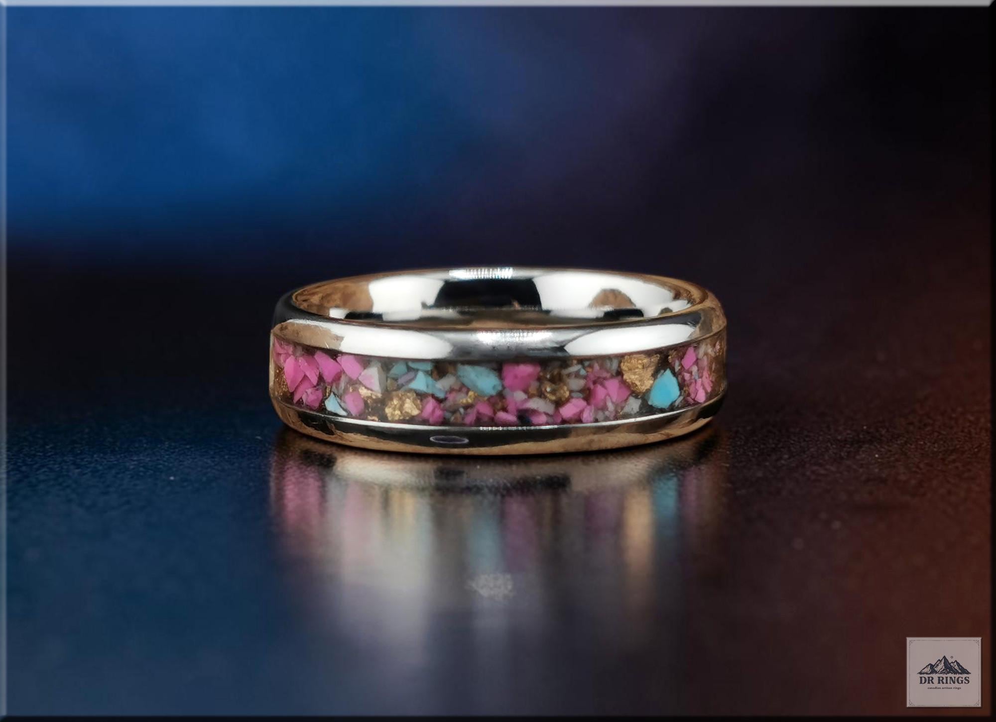Tungsten Carbide Ring with Kingman Cotton Candy Dahlia Turquoise inlay