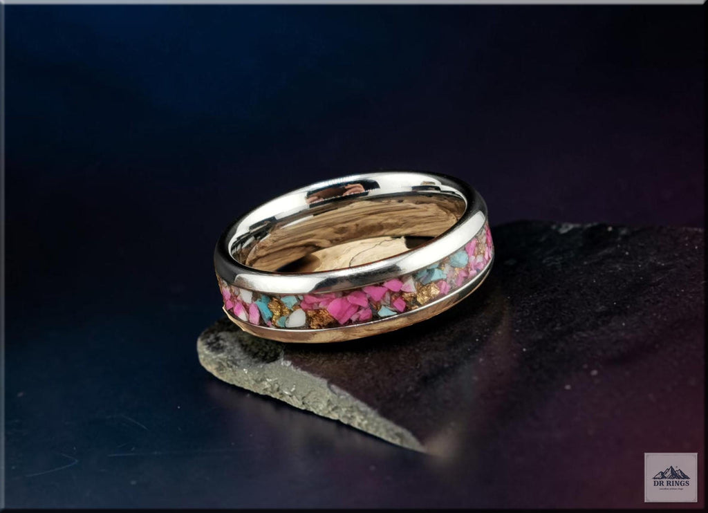 Tungsten Carbide Ring with Kingman Cotton Candy Dahlia Turquoise inlay