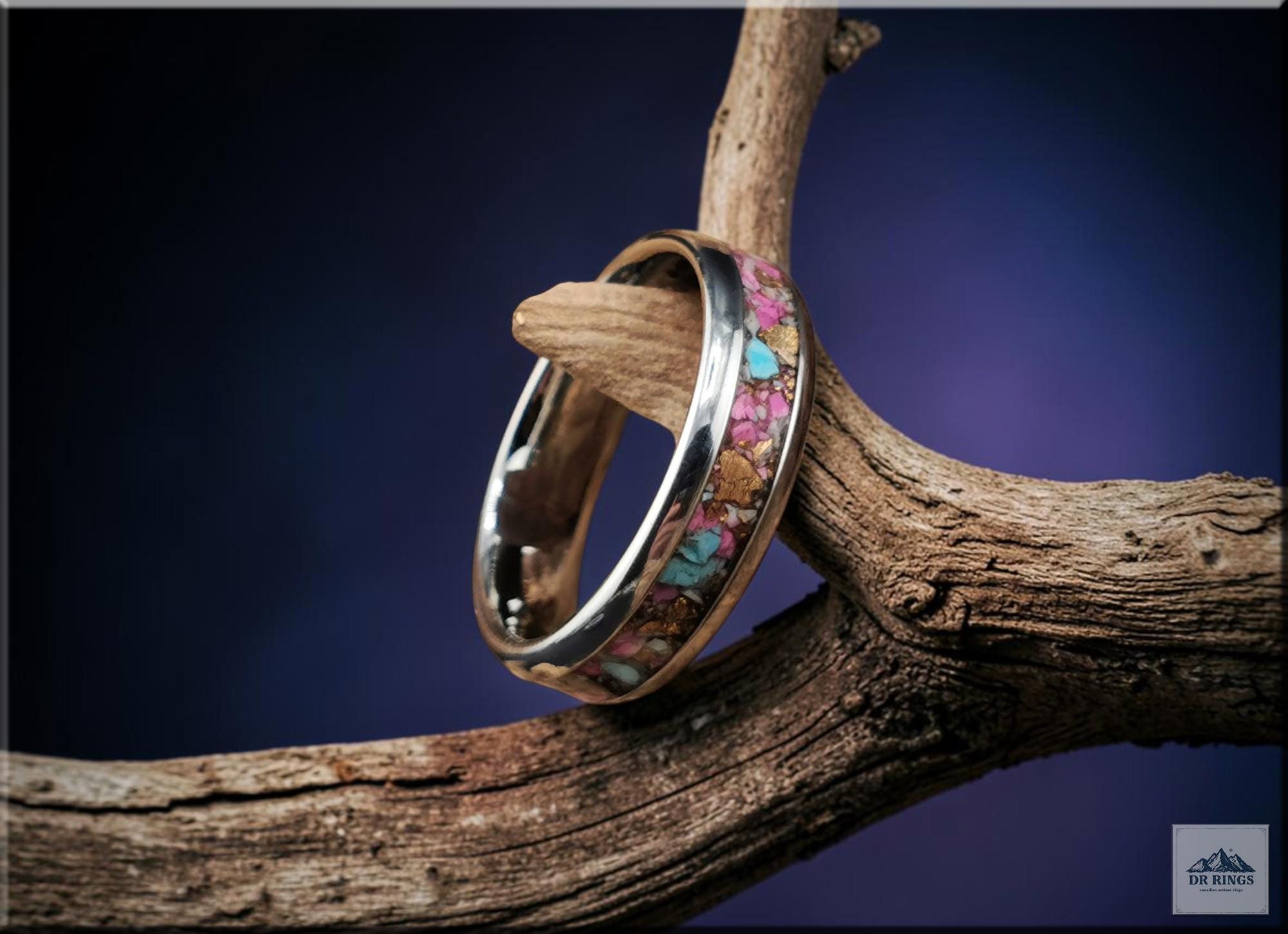 Tungsten Carbide Ring with Kingman Cotton Candy Dahlia Turquoise inlay