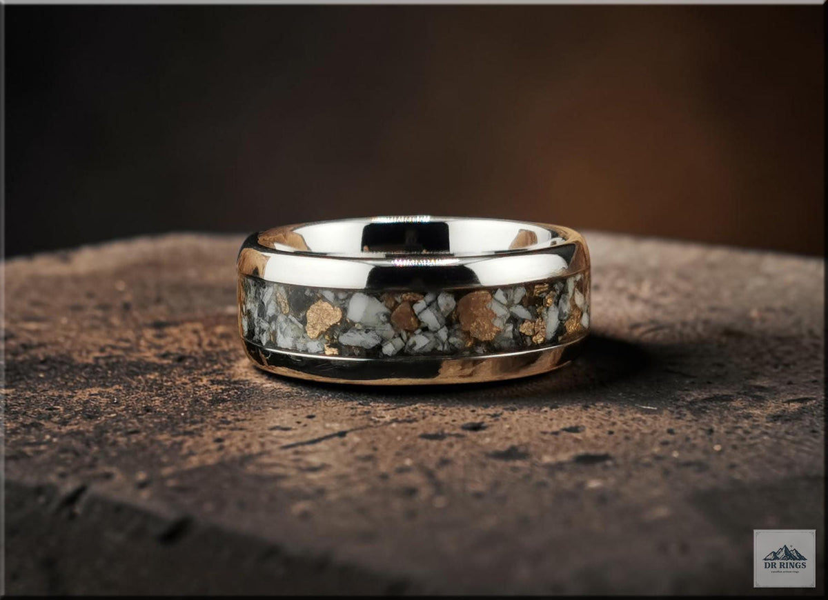 Tungsten Carbide Ring with White Buffalo Turquoise and Bronze inlay, domed edge