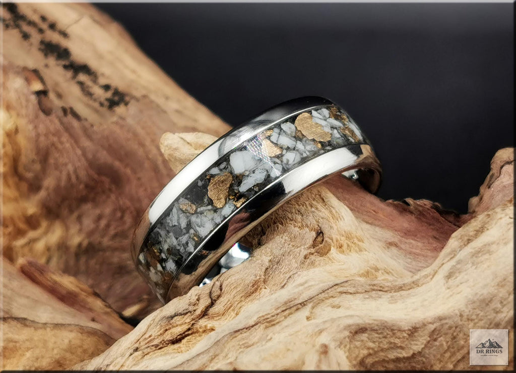 Tungsten Carbide Ring with White Buffalo Turquoise and Bronze inlay, domed edge
