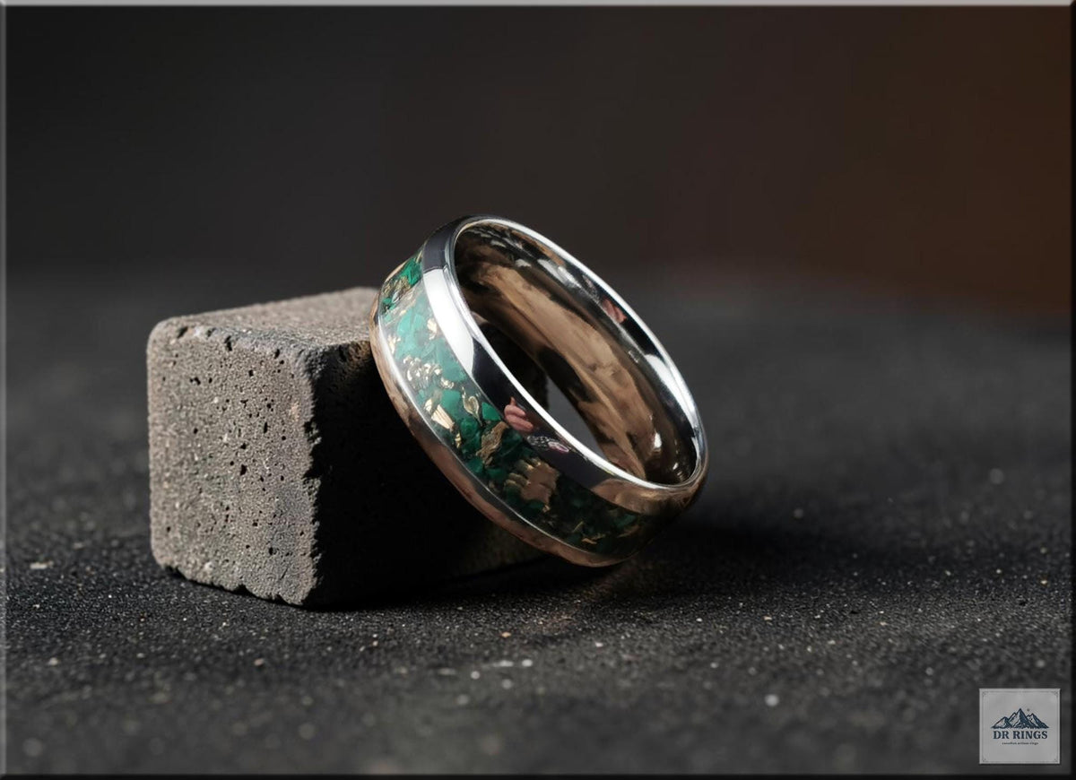Tungsten Carbide Ring with Malachite and Bronze inlay, domed edge