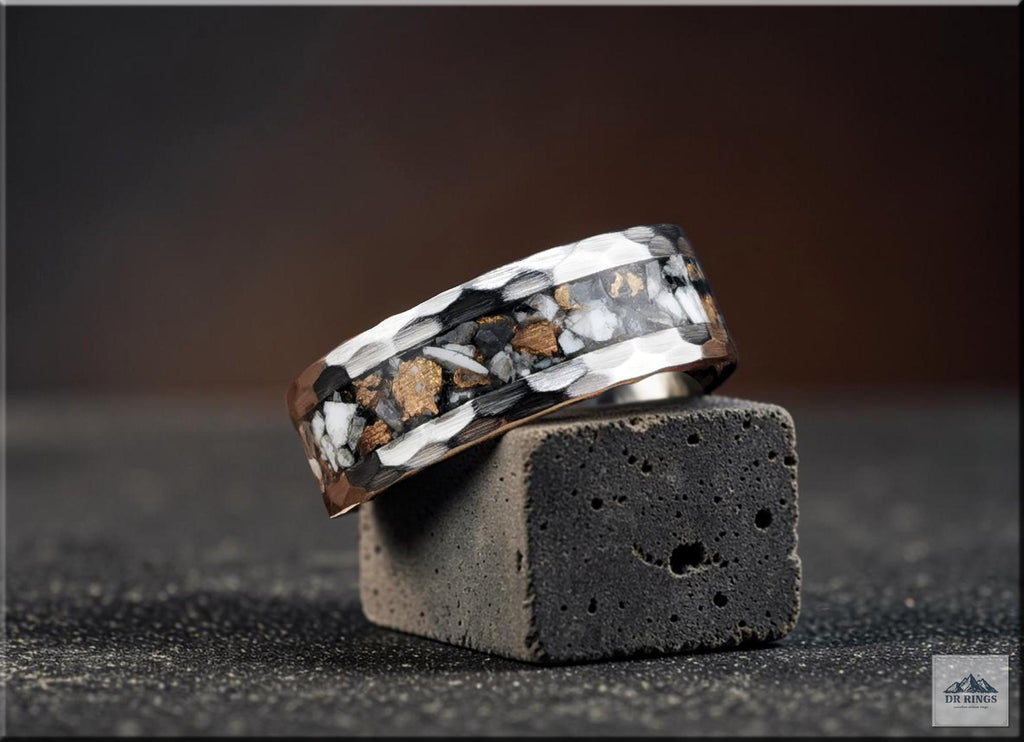Hammered Tungsten Carbide Ring with White Buffalo Turquoise and Bronze inlay
