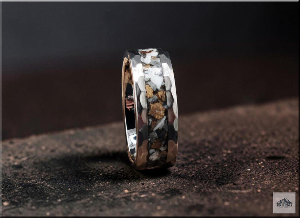 Hammered Tungsten Carbide Ring with White Buffalo Turquoise and Bronze inlay