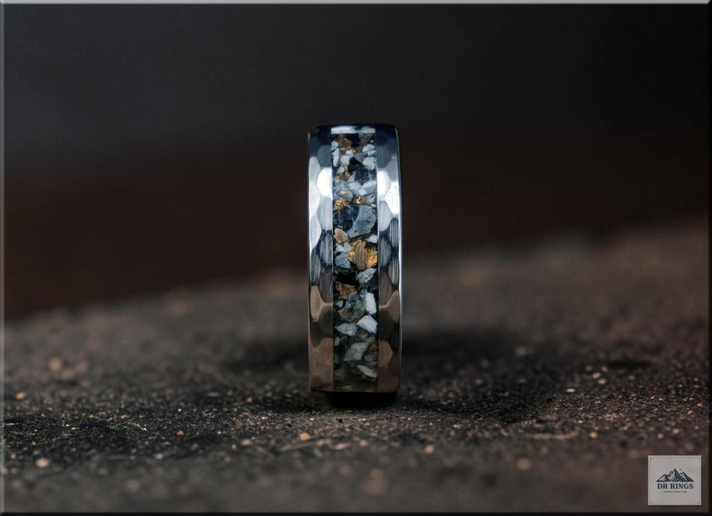 Hammered Tungsten Carbide Ring with White Buffalo Turquoise and Bronze inlay