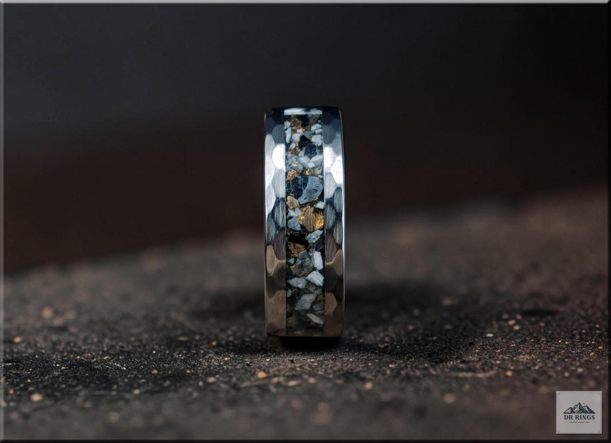 Hammered Tungsten Carbide Ring with White Buffalo Turquoise and Bronze inlay