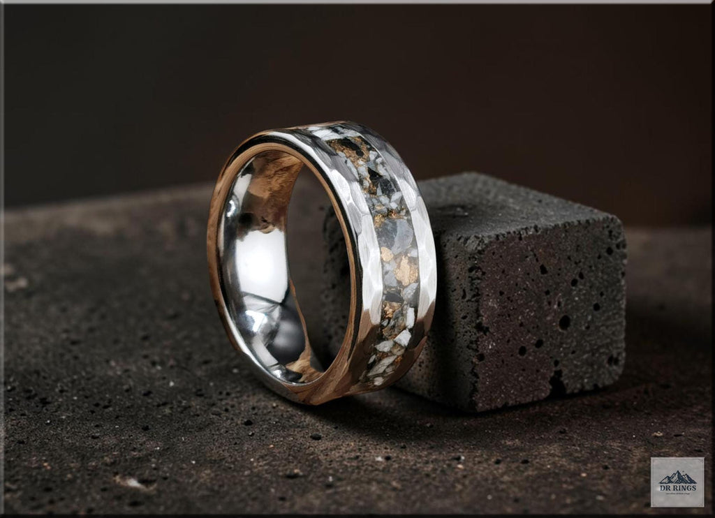 Hammered Tungsten Carbide Ring with White Buffalo Turquoise and Bronze inlay
