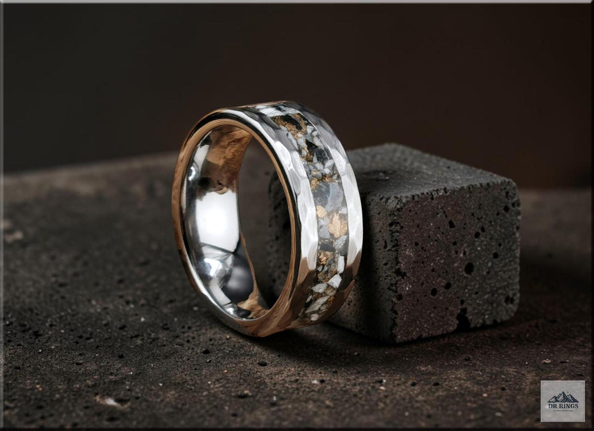 Hammered Tungsten Carbide Ring with White Buffalo Turquoise and Bronze inlay