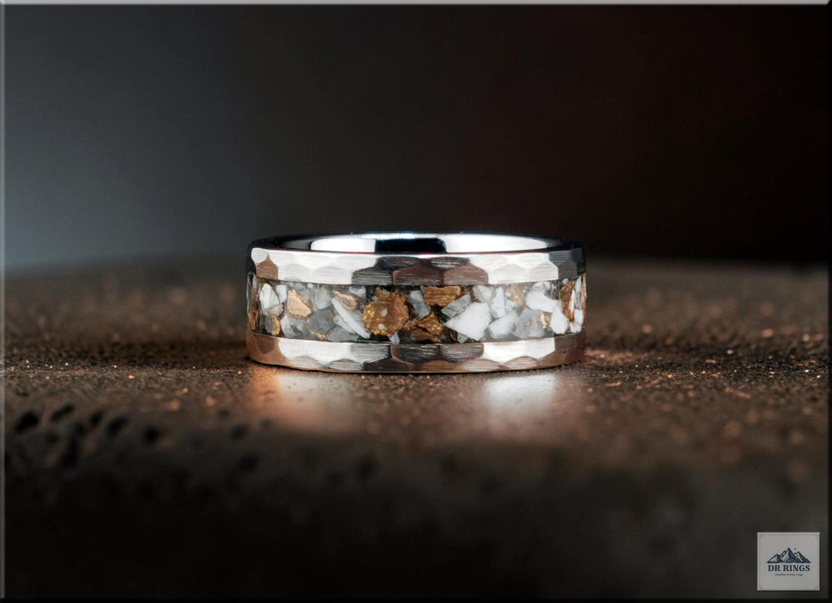 Hammered Tungsten Carbide Ring with White Buffalo Turquoise and Bronze inlay